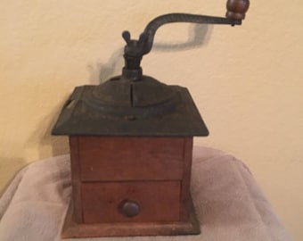 Vintage Rustic Reproduction Wooden Coffee Grinder, antique coffee box, cast iron top, farmhouse decor, rustic, primitive, cabin decor,