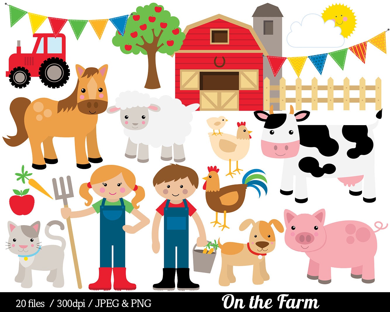 Farm Animal Clipart, Farmyard Clip Art, Barn Farmer Horse Cow Pig Sheep ...