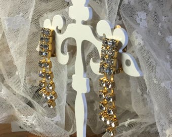 Cascading Shimmering Clear Rhinestone Gold Tone Dangling Earrings Unsigned Clip On 1960's 1970's For the Bride Wedding Special Day Bridal