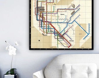 Iconic New York City Subway Diagram, 1972.Schematic of the New York City subway system.Color map designed by Massimo Vignelli.Art print.