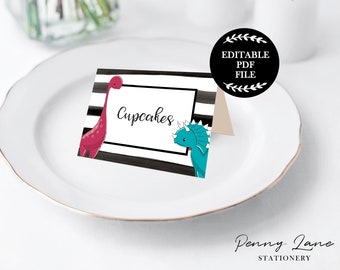 EDITABLE PDF, Dinosaur Food Tents, Dinosaur Party Decorations, Boys Party, Dinosaur Printables, Black and White Stripes, Instant Download