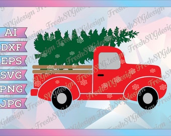 Christmas red Truck SVG, Red truck with Christmas Tree SVG, Clipart, red truck SVG, dxf, eps, clip art, Silhouette cricut design, Xmas svg