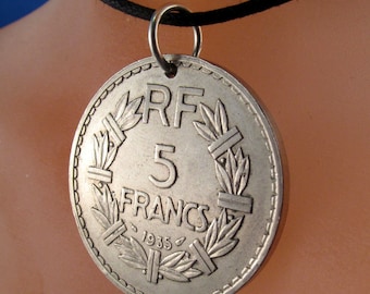 coin jewelry. FRANCE coin necklace. FRENCH coin.1935. republique francaise Pendant. vintage coins No.001077