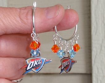 Oklahoma City Thunder Earrings, OKC Thunder Jewelry, Aqua and Golden Orange Crystal Hoop Earrings, Pro Basketball Thunder Accessory