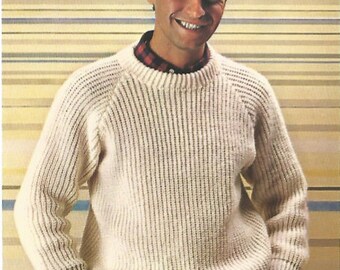 knit mens ribbed sweater long sleeves round neck knit in 2 pieces jumper tunic pullover vintage style instant download pdf