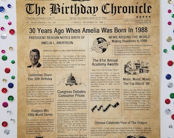 30th Birthday Gifts, Personalized, Headline News Print, Time Capsule, Newsletter Style, 1988 Birthday Gift, Chronicle, 30th Milestone Gifts