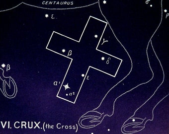 1911 Antique print of STARS. CONSTELLATIONS. CRUX. The Cross. Astronomy print. Zodiacal Constellations Zodiac. 117 years old celestial chart
