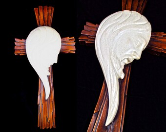 Vintage Chalkware Crucifix w/ Jesus Head Mid Century Design - Cross - Religious - Christianity - Spiritual - Wall Hanging - Gift - Christmas