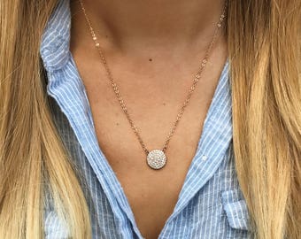Dainty Rose Gold Necklace, Minimalist Rose Gold Necklace, Rose Gold Pendant Necklace, Crystal Circle Necklace, Layering Necklace, N305-RG