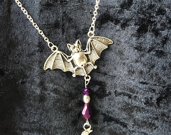 Bat Necklace, Gothic Pendant, Vampire Gift, Goth Gift, Halloween Jewellery, Bat Pendant, Moon and Stars, Alternative Gift, Bat Jewellery