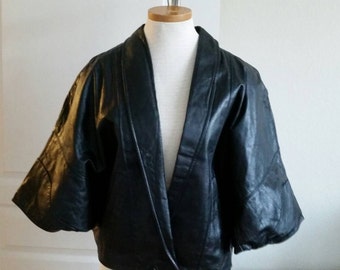 Leather 80s batwing black jacket shirt S M