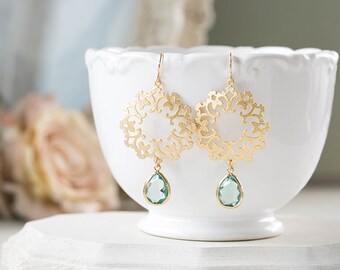 Seafoam Aqua Teadrop Gold Lace Filigree Dangle Earrings Aquamarine Blue Glass Crystal Chandelier Earrings Boho Chic Bohemian Wedding Jewelry