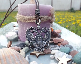 Russian double headed eagle coat of arms leather necklace with pearl,Russian federation eagle jewelry,Russian emblem,symbol of Russia