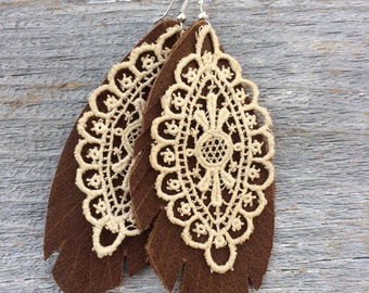 Leather and Lace Earrings by Stacy Leigh in Distressed Brown Leather and Antique Lace on Silver Hooks
