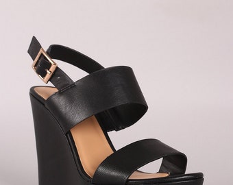 Vegan Leather Double Strap Slingback Platform Wedge