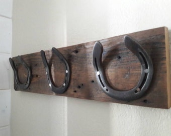Reclaimed wood horse shoe coat rack, tack rack, hat rack, key hanger