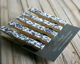 Navy Damask Clothespin Magnets, Set of 5
