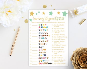 emoji nursery rhyme quiz mint and gold baby shower game
