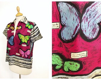 Vintage 1950s novelty print butterflies painted silk shirt blouse - size S/M