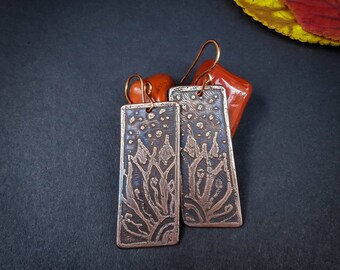 Handmade copper earrings, etched copper earrings, long earrings, floral earrings, dangle earrings