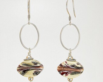 Lampwork Earrings - Lampwork Black Silvered Ivory Sterling Silver Lampwork Bead Dangle Earrings - KTBL