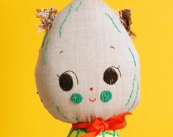 Doli Almond. Almond doll. One-of-a-kind Art doll. Handmade Nut doll. Anthropomorphic Rag doll. Vegan doll with yellow dress and orange bow.