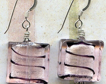 Black in Pink Squares Sterling Silver Earrings
