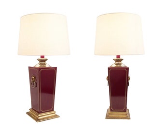 Burgundy Bakelite & Brass Lion Heads Table Lamps Hollywood Regency