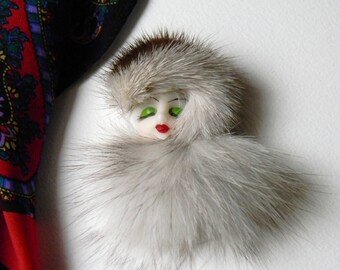 Mink Trimmed Figural Lady Brooch - Art Deco Figural Lady Mink Brooch