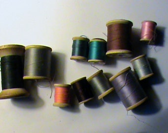 Vintage wooden spool lot with sewing thread crafts supplies or vintage decor