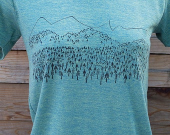 Mountains are Calling, mountain print, nature scene, screen printed on soft triple blend t shirt. outdoors design, color t lem, s,m,l,xl,xxl