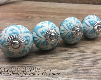 SET OF 4 - Aqua Blue Ceramic Knob with Natural Cream Etched Flowers - Light Blue Floral Drawer Pull Decorative Flower Knob - Cabinet