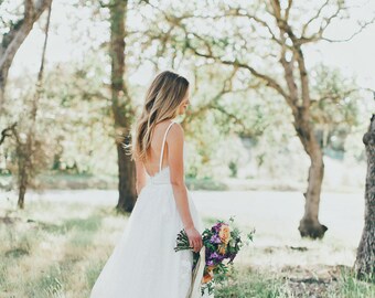 sample SALE Gillian/ Lace Bohemian Wedding Dress / Cotton Lace with OPEN BACK Boho Romantic Wedding Dress /Thin Spaghet