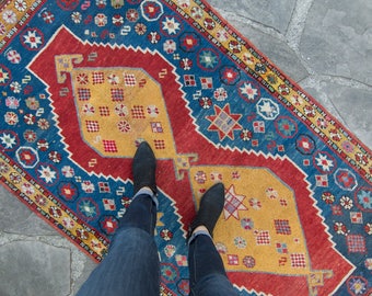 Vintage Kazak 6’6” x 3’5” Kazak Rug Wool Low Pile Azerbaijan Rug / Runner - 1920's - FREE DOMESTIC SHIPPING