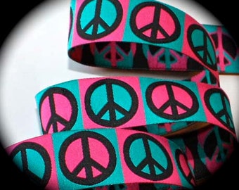 PINK PEACE SIGNS Jacquard Ribbon - 1"