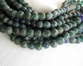 Round green glass beads, rustic green lampwork beads, translucent gritty textured aged look indonesian 8mm - 9mm (16 beads) 6bb27-9