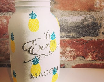 Hand decorated Pineapple print mason Jar