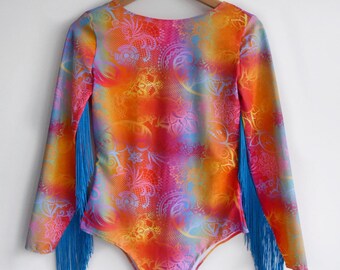 Festival fringe red lace print bodysuit