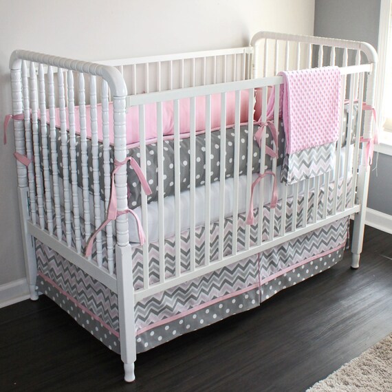 Pink And Gray Chevron Crib Baby Bedding Set