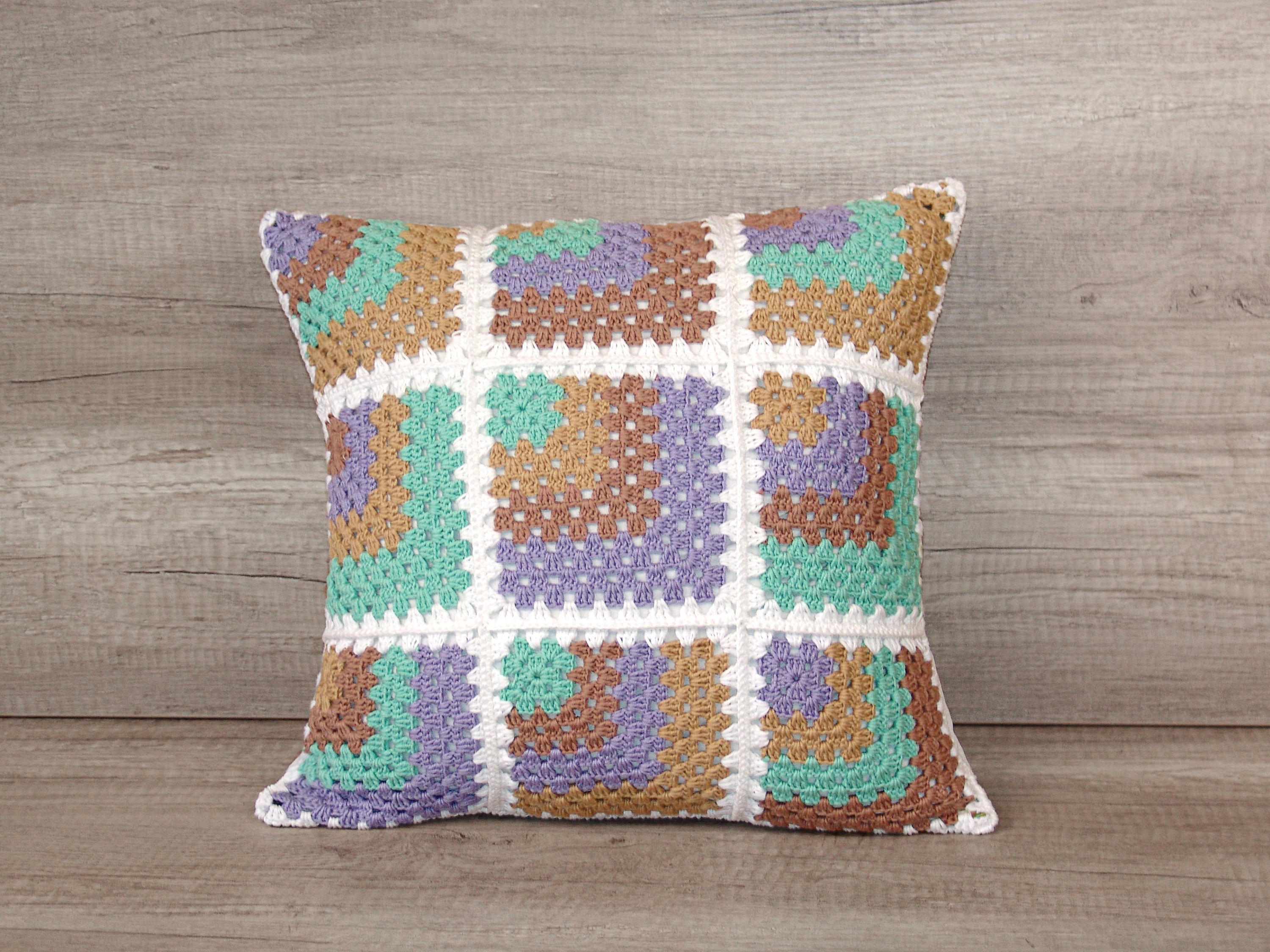 Crochet granny square pillow cover colorful lavender green