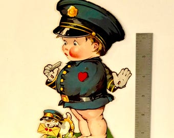 Vintage Valentine, Police Officer, Charles Twelvetrees, Policeman Whistle, Boston Terrier, Mechanical, Die Cut, Stand Up, Germany, 1920s