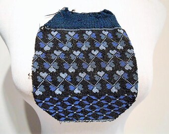 Antique Beaded Purse With Blue and White Hearts, c. 1880