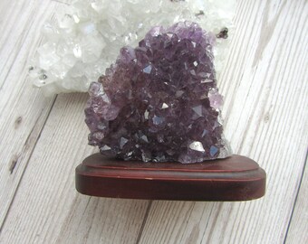 Amethyst Druzy Cluster On Wood Stand - Gemstone Specimen - Natural Purple Crystal