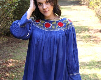 Turquoise hand embroidered peasant blouse