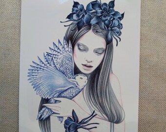 woman owl blue temporary tattoos/ animal tattoos