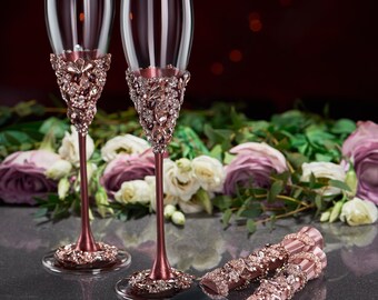 Burgundy Wedding glasses and Cake Server Set Wedding Cake Knife rose gold Cake Cutting Set Toasting flutes and cake server set, set of 4