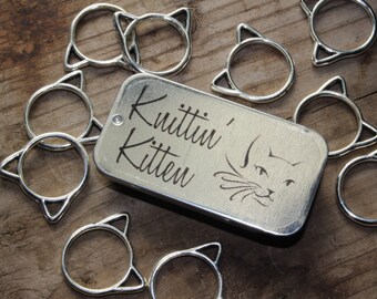 Large Snag Free Silver Cat Stitch Markers with Storage Tin, Snagless Ring Stitch Markers, Gifts for Knitters, Gift for Mom, Knitting Tools