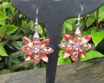 Vintage 90s earrings, long orange floral design, dangle drop earrings, long drop earrings.