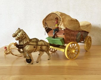 Vintage Tin Toy 1940s Conestoga Wagon Covered Wagon Toy Northwestern Toy Company / Western Tin Horse Wagon Pull Toy / Childs Room Decor