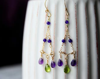 Amethyst and Peridot Chandelier Earrings